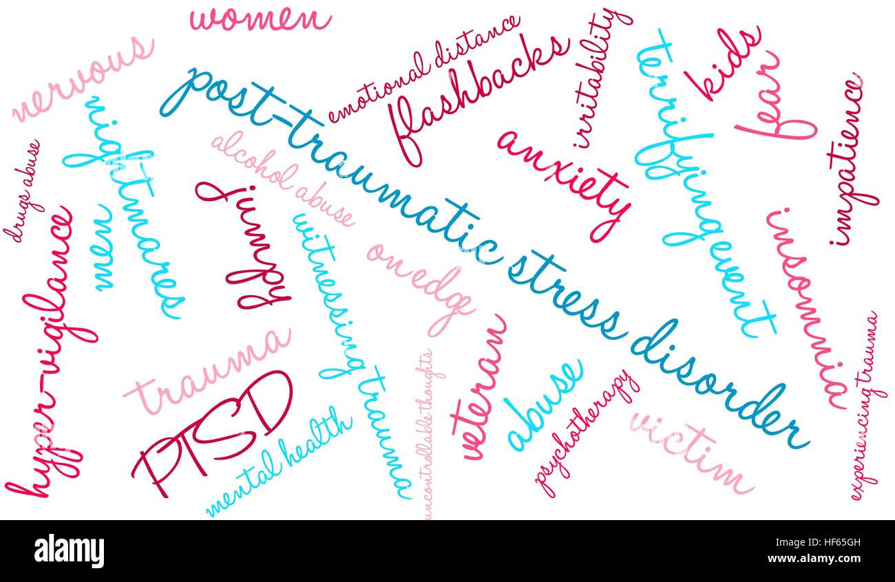 Post-Traumatic Stress Disorder Word Cloud su uno sfondo bianco. Illustrazione Vettoriale