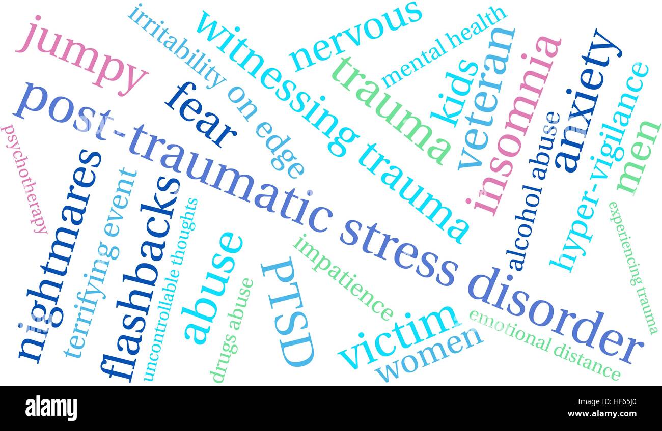 Post-Traumatic Stress Disorder Word Cloud su uno sfondo bianco. Illustrazione Vettoriale