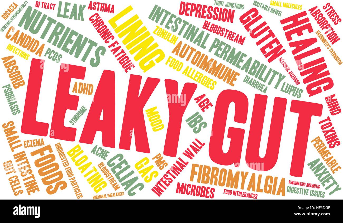 Leaky Gut word cloud su uno sfondo bianco. Illustrazione Vettoriale