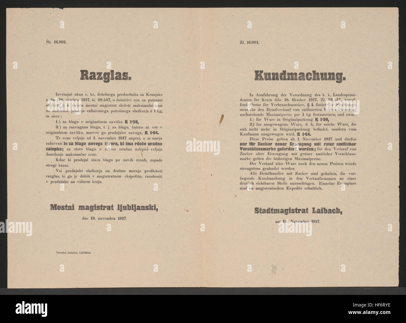 Maximalpreise für raffinierten Verbrauchszucker neuer Erzeugung mit roter Verschlußmarke - Stadtmagistrat Laibach, am 19. Novembre 1917 - Zl. 16.901 Raffinierter Verbrauchszucker - Kundmachung - Laibach - Mehrsprachiges Plakat 1917 Foto Stock