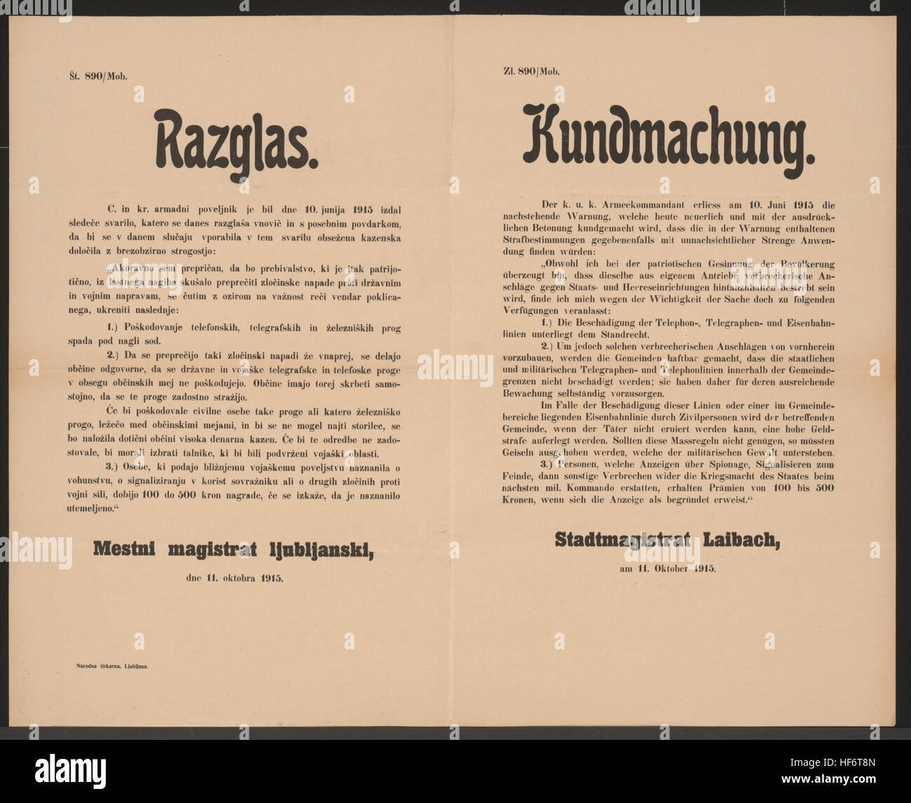 Promemoria dell'avvertimento del comandante dell'esercito austro-ungarico del 10 giugno 1915 relativo alla protezione delle telecomunicazioni e delle linee ferroviarie durante la prima guerra mondiale, come si vede nel poster multilingue pubblicato a Laibach l'11 ottobre 1915 Foto Stock