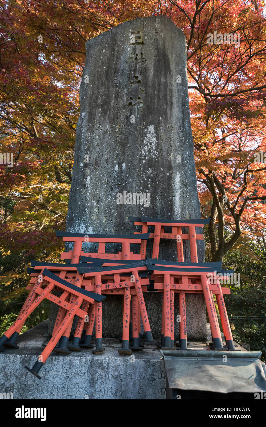 Torii offerte di gate e la caduta delle foglie, Ichi nessuna miniera kamisha, Fushimi Inari Taisha Sacrario Scintoista, Kyoto, Giappone Foto Stock