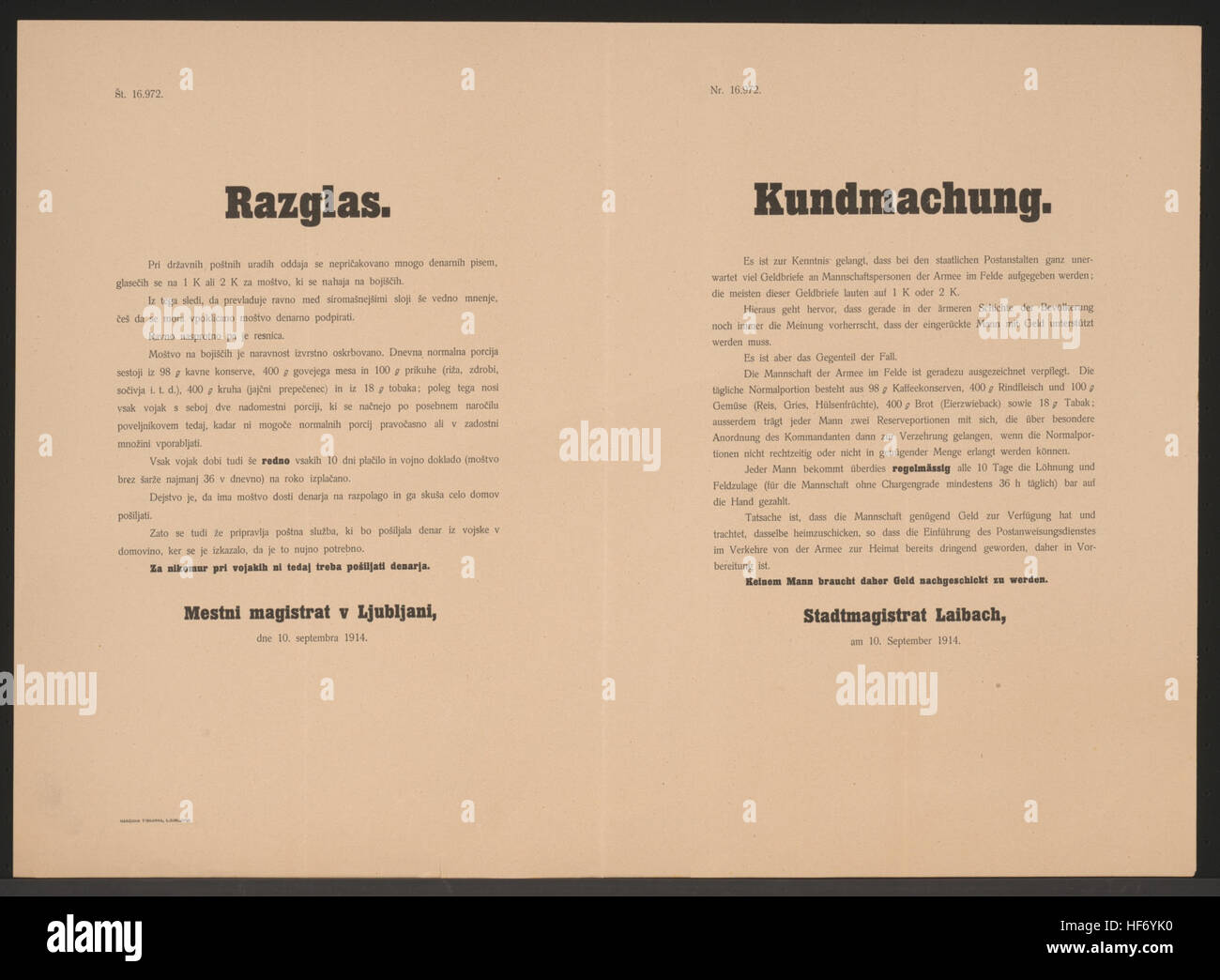 Avviso di razioni dell'esercito e distribuzione a pagamento, Lubiana, 10 settembre 1914, prima guerra mondiale Foto Stock