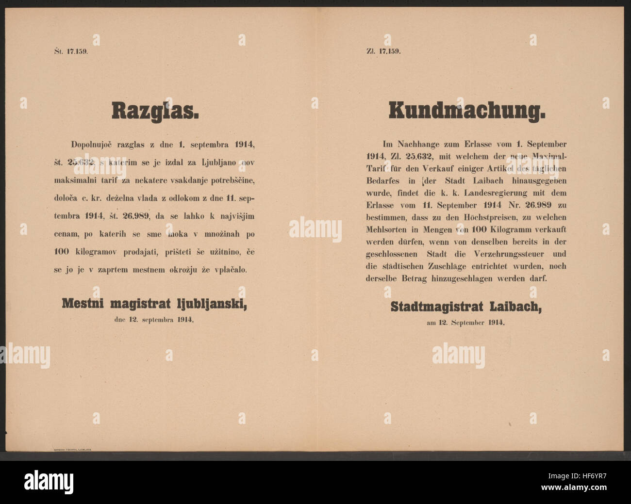 Nachtrag zu den Höchstpreisen für Mehl - Wenn hier bereits Verzehrungssteuer entrichtet wurde, darf diese dem aufgeschlagen Höchstpreis werden - Stadtmagistrat Laibach, am 12. Settembre 1914 - Zl. 17.159 Preis für Mehl - Kundmachung - Laibach - Mehrsprachiges Plakat 1914 Foto Stock