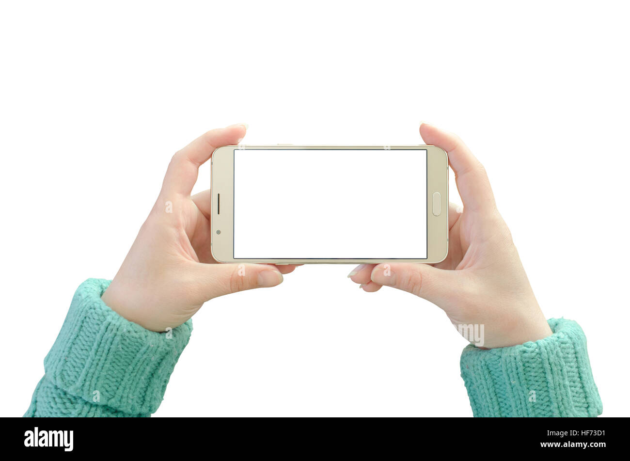 Telefono cellulare nella donna la mano. Posizione orizzontale con schermo isolato e lo sfondo. Foto Stock