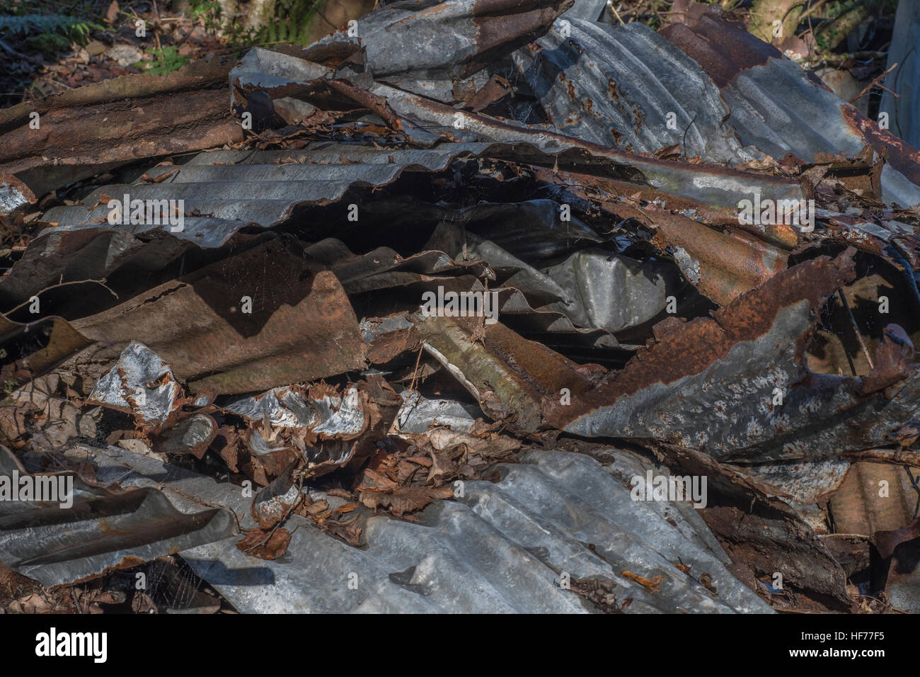 Massa di ferro corrugato, arrugato, increspato. Per riciclaggio, decadimento urbano/industriale o danni causati da tempeste. Foto Stock