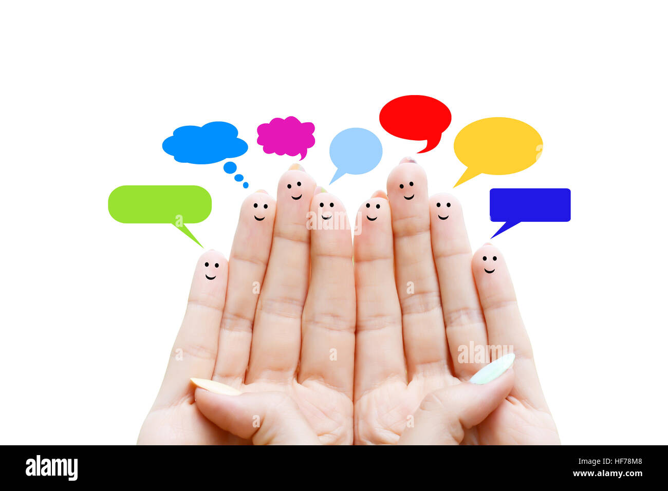 Felice dita umane suggerendo il feedback e concetto di comunicazione Foto Stock