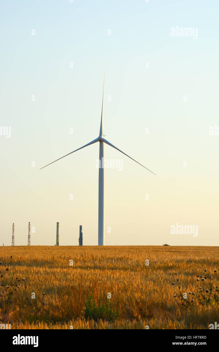 L'energia eolica turbine la filatura in campo agricolo in un giorno di estate Foto Stock