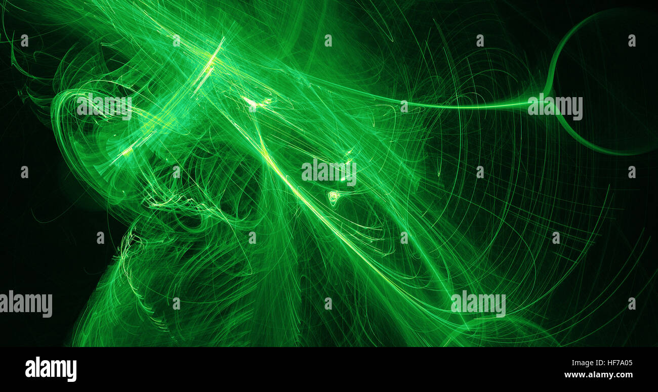 Disegno astratto in verde Linee curve delle particelle su sfondo scuro Foto Stock