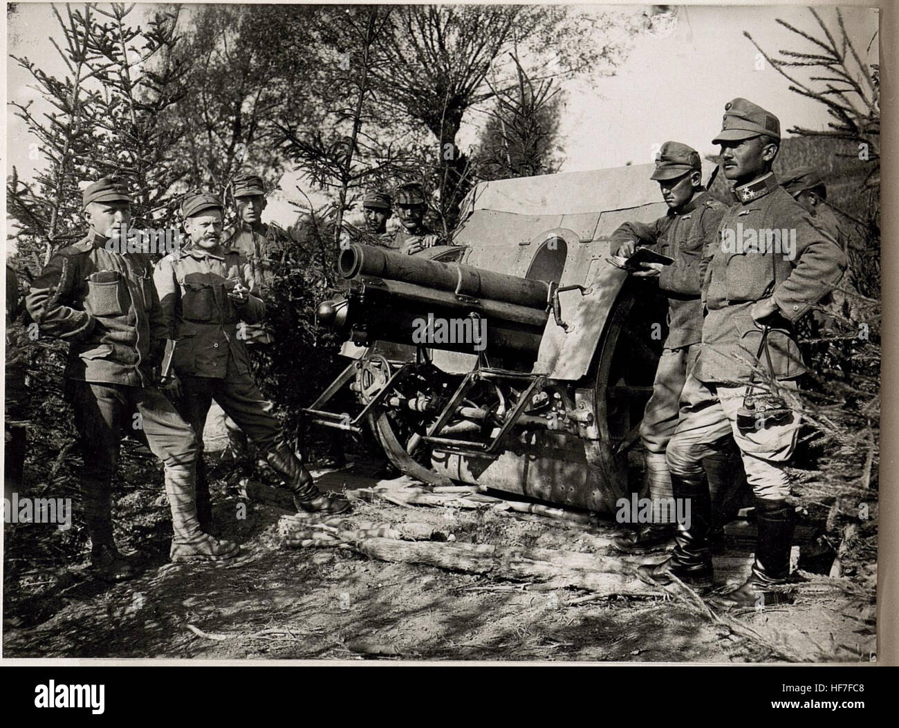 Il "10 cm Feldhaubitze" in posizione di fuoco mimetico durante la prima guerra mondiale dimostra le tattiche di artiglieria impiegate nel conflitto. Questo obice da campo tedesco, utilizzato durante la guerra, riflette la strategia militare e i progressi tecnologici dell'artiglieria all'epoca. Foto Stock