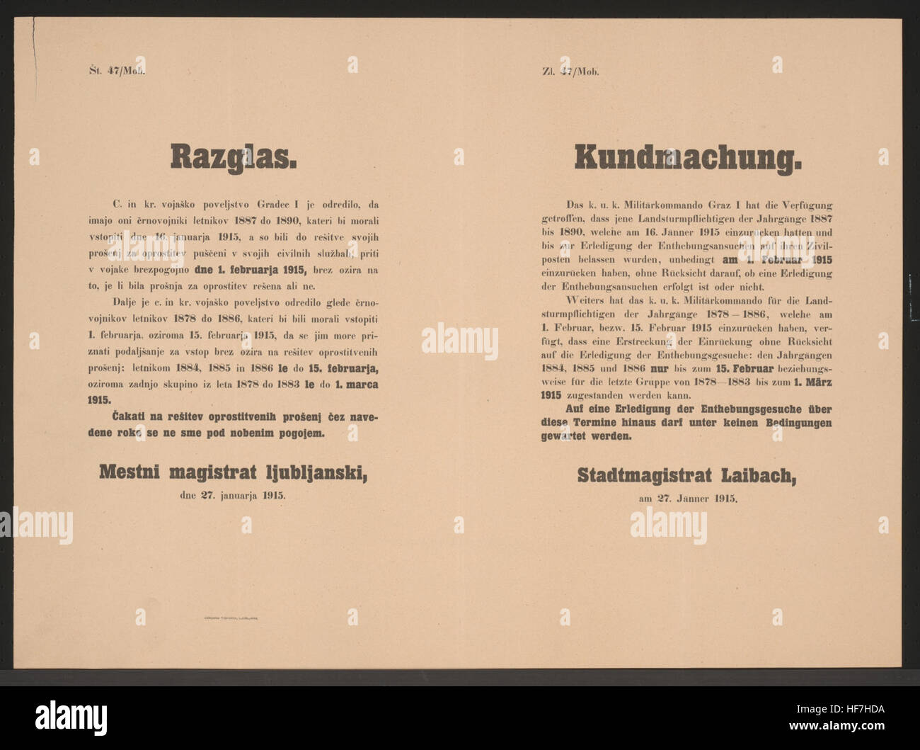 Un manifesto di reclutamento multilingue del 1915, pubblicato dal magistrato della città di Laibach (Lubiana) per l'arruolamento militare durante la prima guerra mondiale. Il poster delinea le date di reclutamento per diverse fasce d'età. Foto Stock