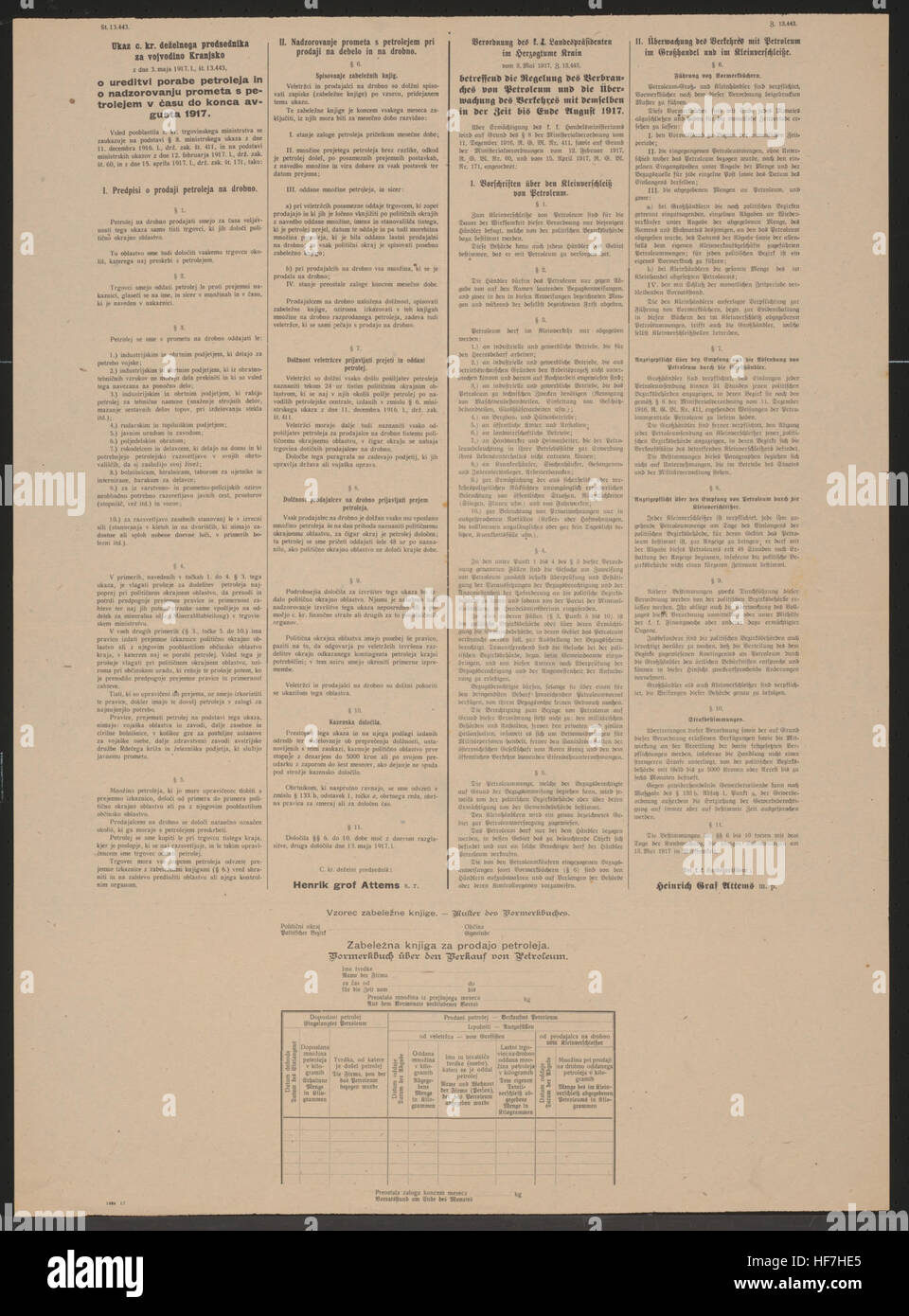 Bestimmungen betreffend die Regelgung des Verbrauches von Petroleum und die Überwachung des Verkehres mit demselben in der Zeit bis Ende Agosto 1917 - Vorschriften über den Kleinverschleiß von Petroleum - Überwachung des Verkehres mit Petroleum im Großhandel und im Kleinverschleiße - Anzeigepflicht und Strafbestimmungen - Im Anhang Muster eines Vormerkbuches - Der k.k. Landespräsident Heinrich Graf Attems - 8. Mai 1917 - Z. 13.443 Petroleumverbrauch - Verordnung - Laibach - Mehrsprachiges Plakat 1917 Foto Stock