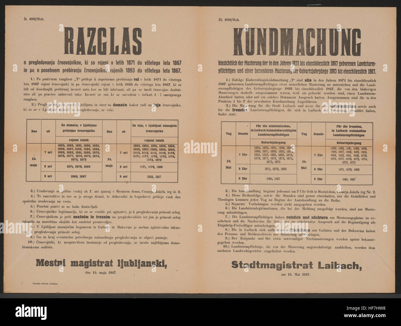 Un poster multilingue del 1917 di Laibach (Lubiana) descrive la coscrizione militare per gli uomini nati tra il 1867 e il 1893 durante la prima guerra mondiale Foto Stock