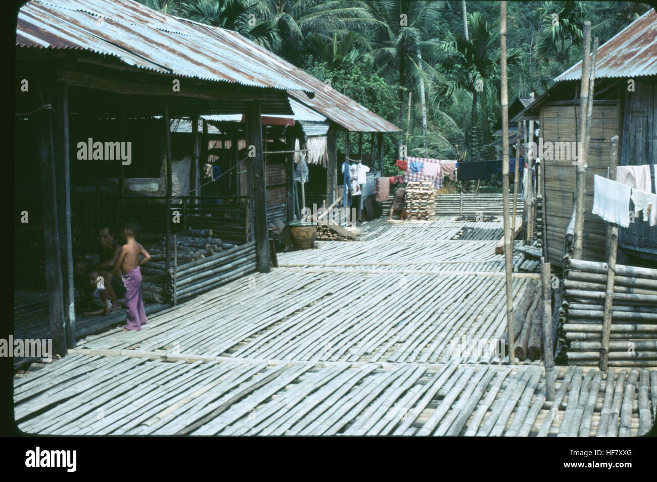 Una fotografia delle tradizionali case longhouses su palafitte nella zona di Kuching di Sarawak, Borneo, Malesia. Il complesso include un "patio" funzionante, utilizzato per le attività quotidiane, che mostra lo stile architettonico e le pratiche culturali delle comunità indigene della regione. Foto Stock