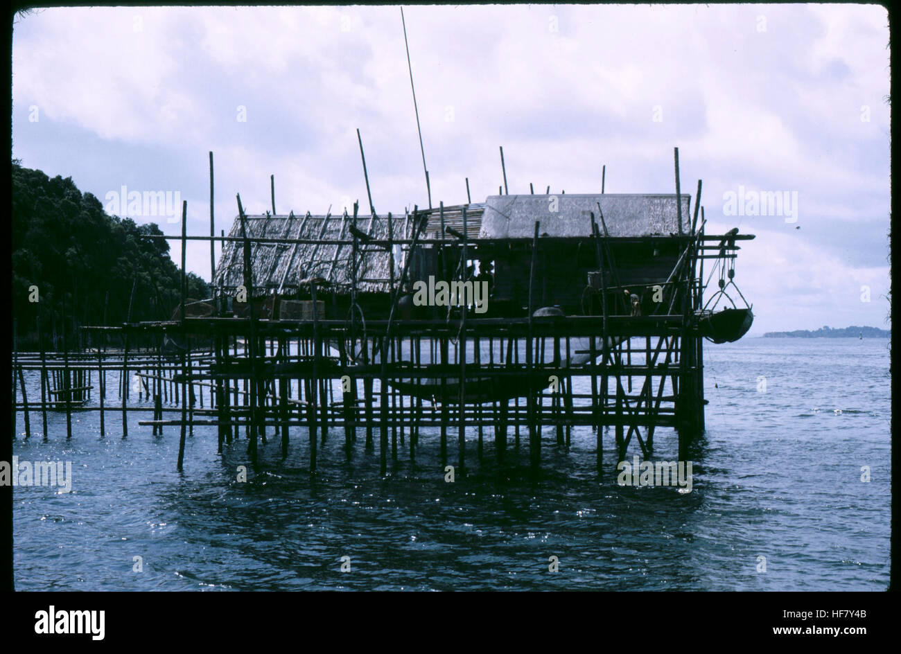 Questa immagine mostra una tradizionale capanna di pesca su palafitte, situata sull'acqua a Singapore. Fornisce una visione delle pratiche di pesca locali e dello stile di vita nelle zone costiere della regione. Foto Stock