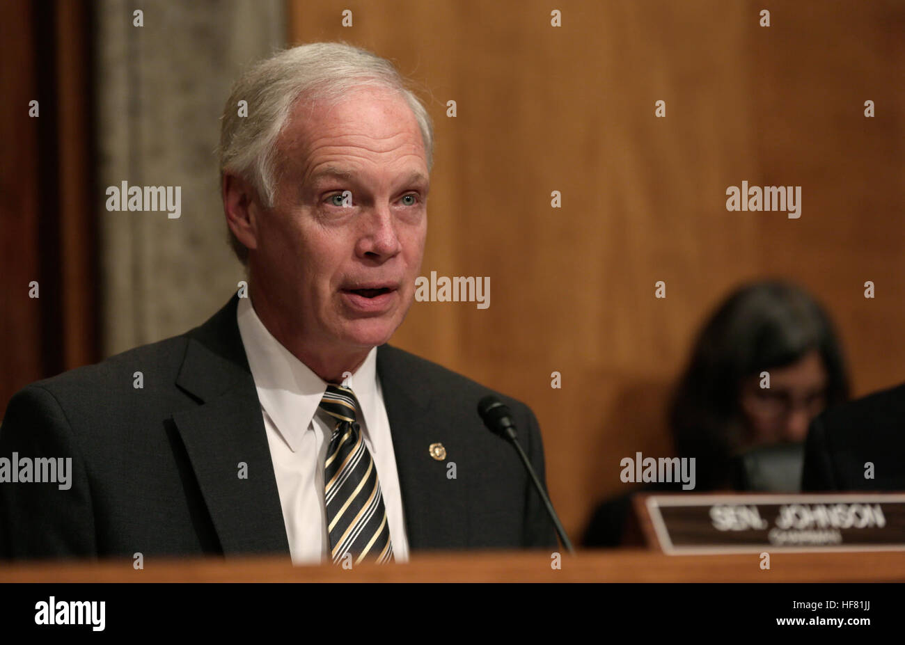 Il presidente del comitato, il senatore Ron Johnson pone domande di U.S. Pattuglia di Confine Chief Mark Morgan e U.S. Pattuglia di Confine Vice Capo Carla Provost come testimoniano dinanzi alla commissione del Senato sulla Homeland Security & gli affari governativi in una audizione intitolata ÒInitial osservazioni della nuova leadership presso l'U.S. Confine PatrolÓ nel senato Dirksen Building a Washington D.C., Novembre 30, 2016. Stati Uniti Delle dogane e della protezione delle frontiere Foto di Glenn Fawcett Foto Stock