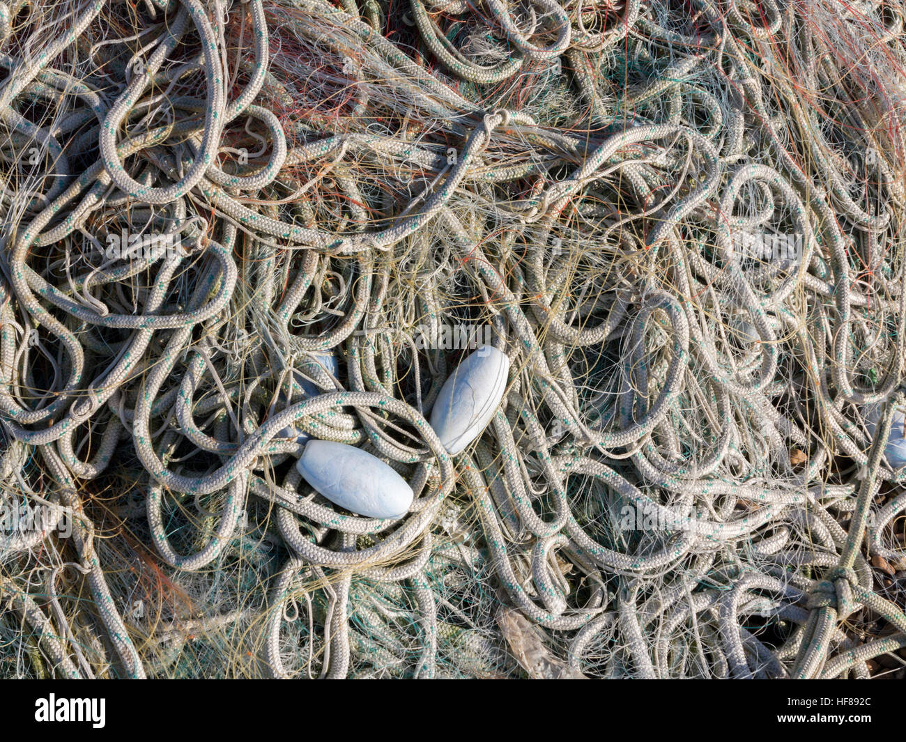 Un mucchio di pesca con fili di corda con molte spire, galleggianti e aggrovigliato con linea in nylon Foto Stock