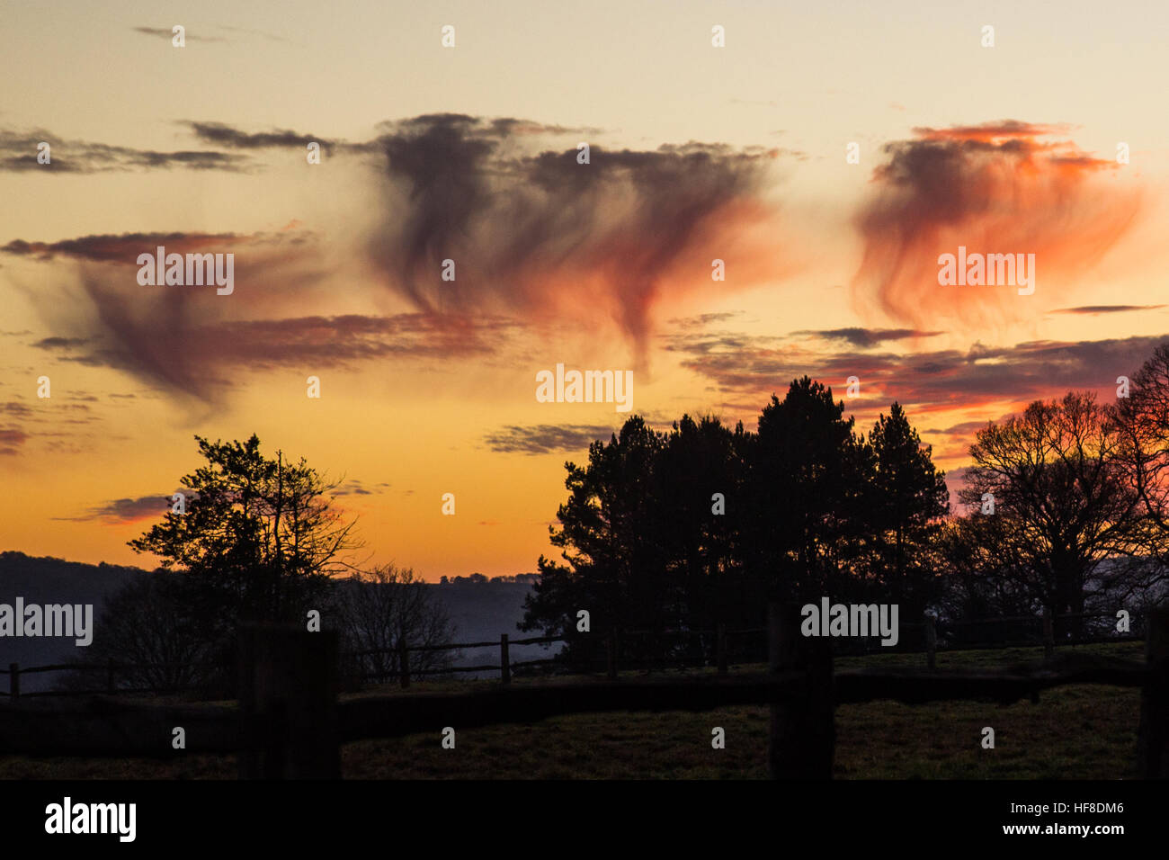 Tramonto sul Ashdown Forest in Sussex, oggi, 28 dicembre 2016. Il freddo portato su una mostra di nuvole che mostra virga o 'fallstreaks' come ghiaccio o neve cadde e si evapora come ha colpito un strato più caldo dell'aria. Credito: Chris Stevenson/Alamy Live News Foto Stock