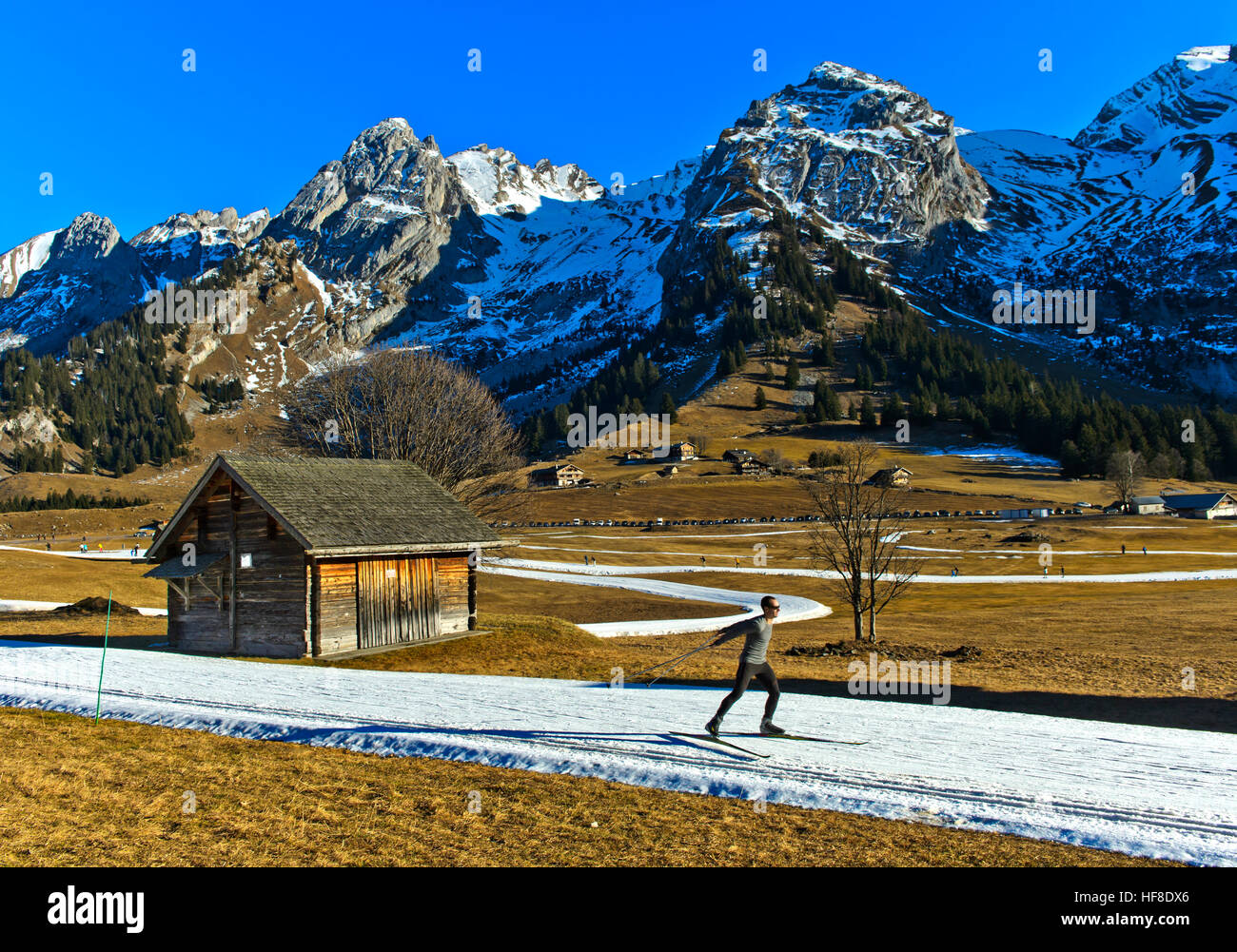 Cross-country sciatore il pattinaggio su una stretta striscia di neve artificiale su un arida altopiano di montagna, sci nordico centro Espace Nordique des Confins, La Clusaz, Alta Savoia, Francia. Foto Stock