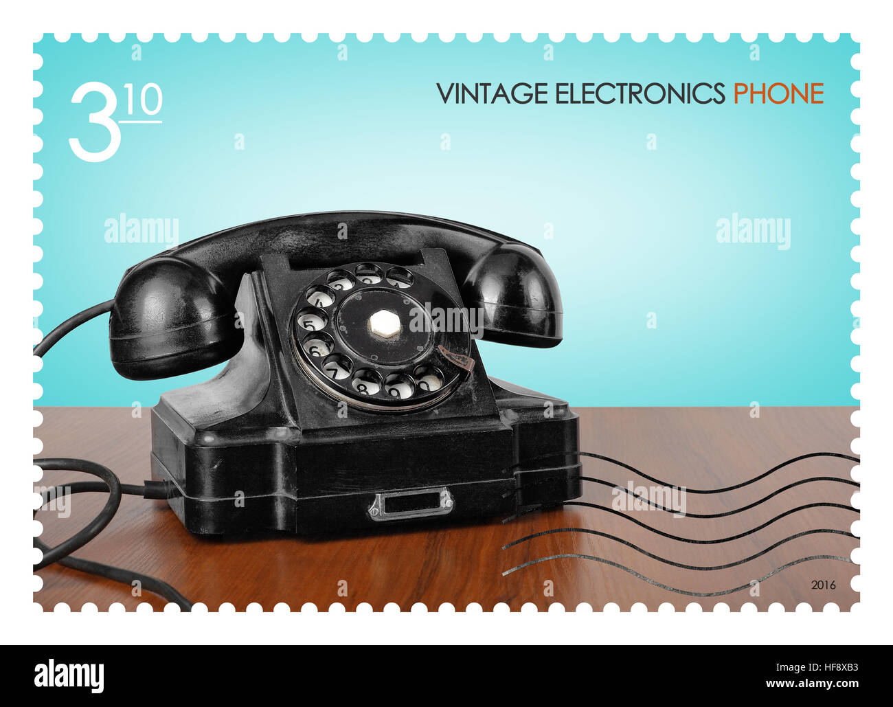 Un falso timbro postale mostra immagine del telefono retrò, Fake serie elettronica Vintage. Foto Stock