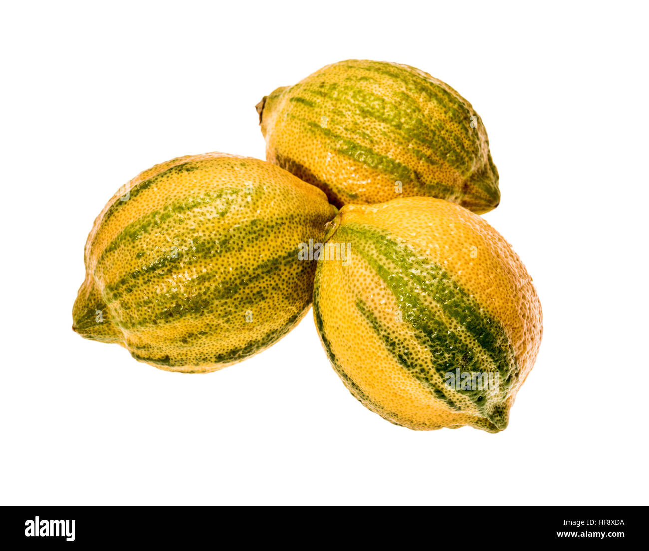 Tiger Limoni Tigerzitronen streifen giallo verde aromatico frutto di cibo di greeen foglie foglia nuova novità nuovi allevamenti a strisce s di limone Foto Stock