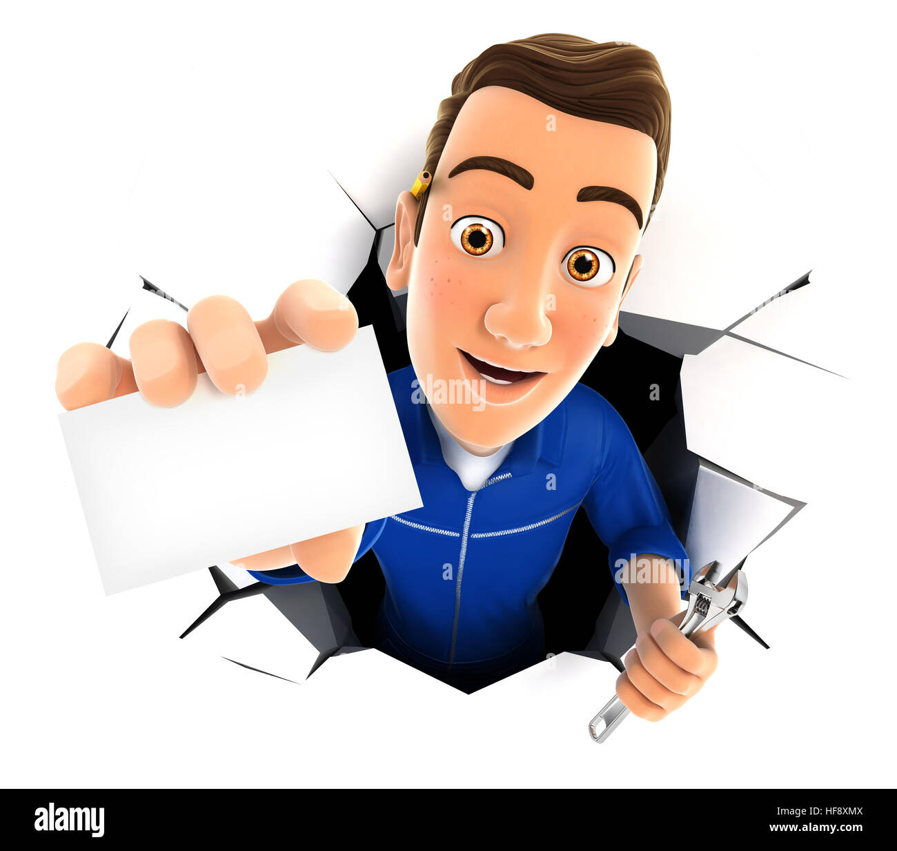 3d meccanico che fuoriesce da una parete con scheda azienda, illustrazione isolato con sfondo bianco Foto Stock