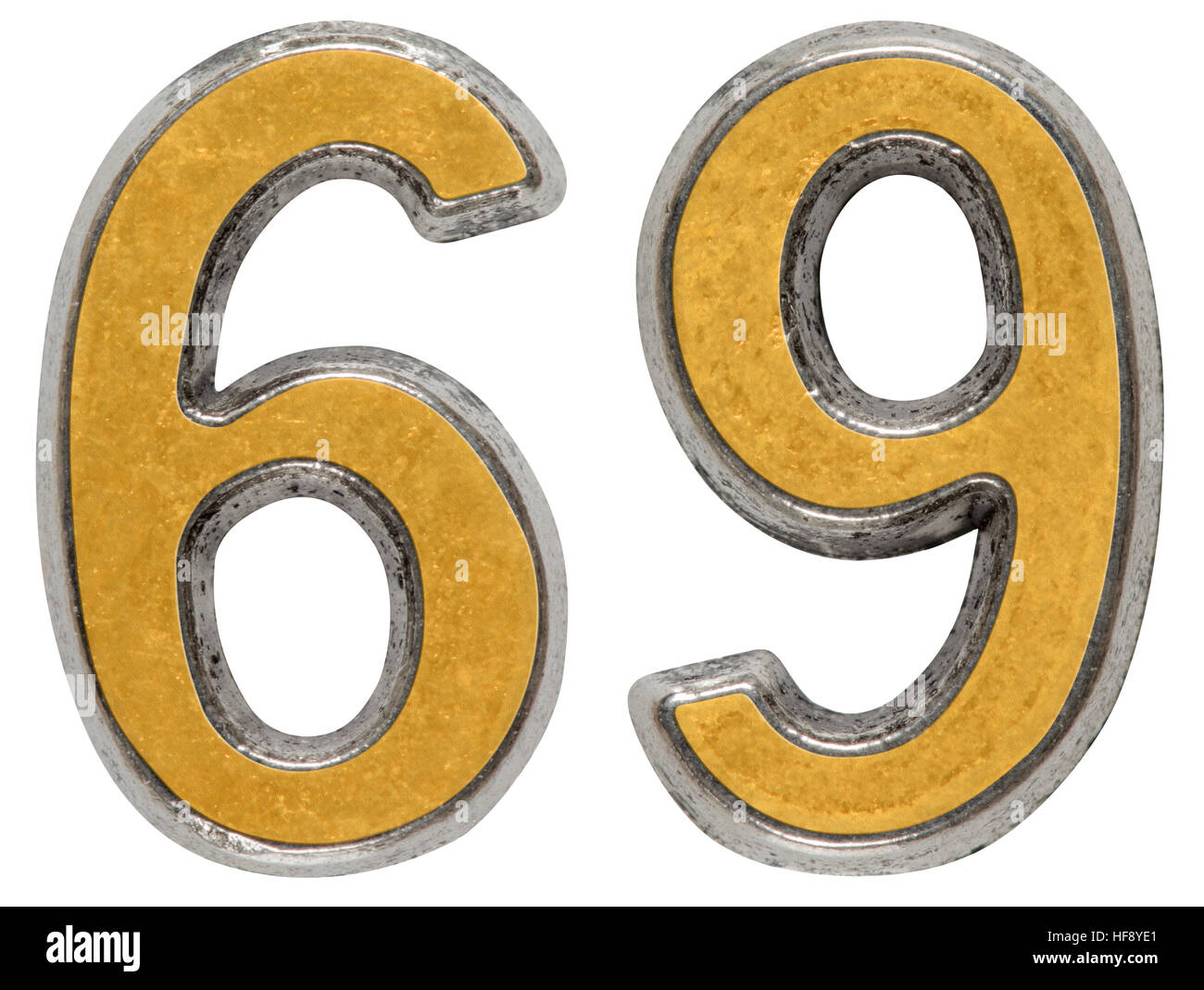 Numero di metallo 69, sessantanove, isolato su sfondo bianco Foto Stock