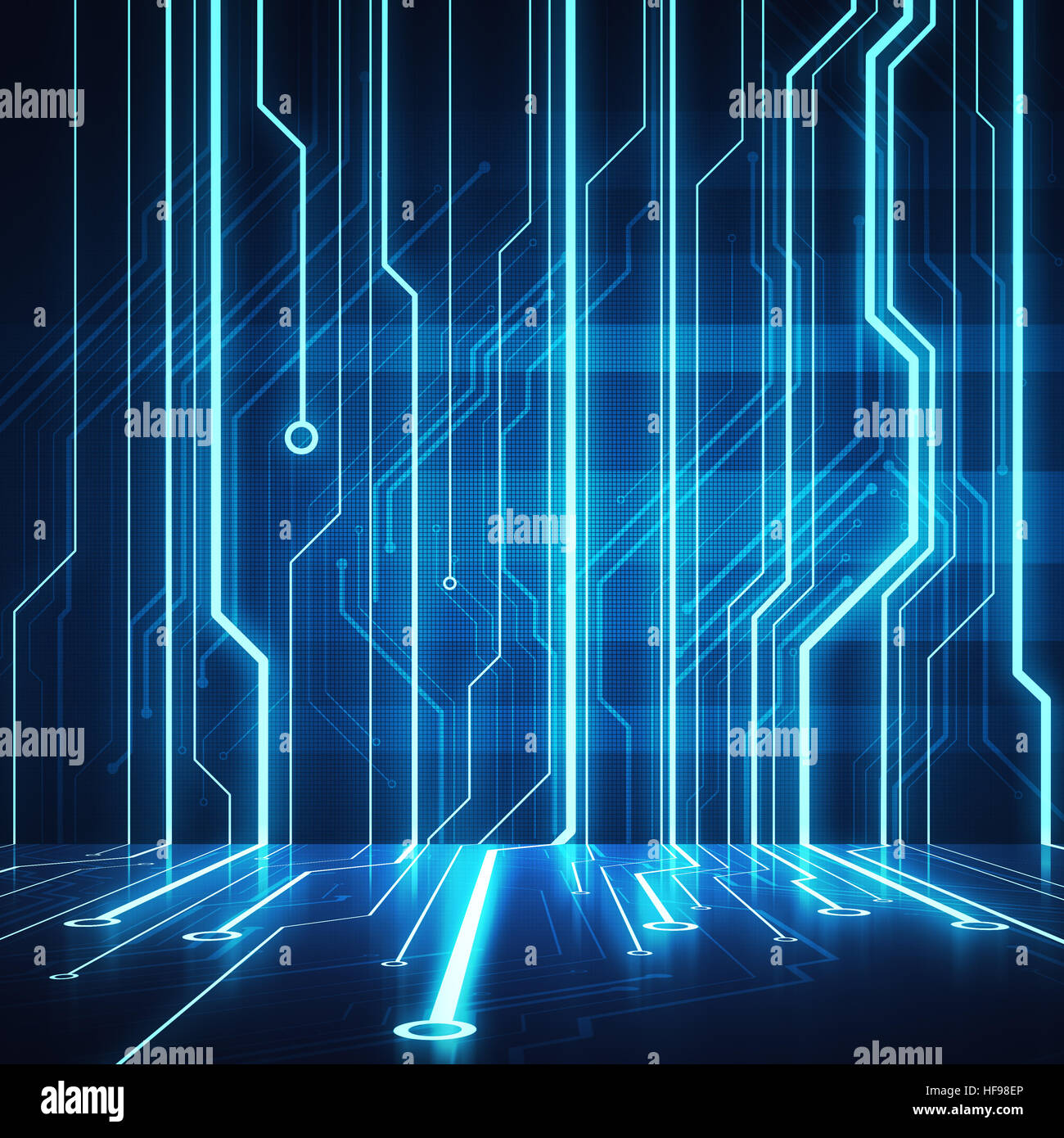 Digitale immagine concettuale microchip del circuito e griglia sulla parete blu con pavimento di luce Foto Stock