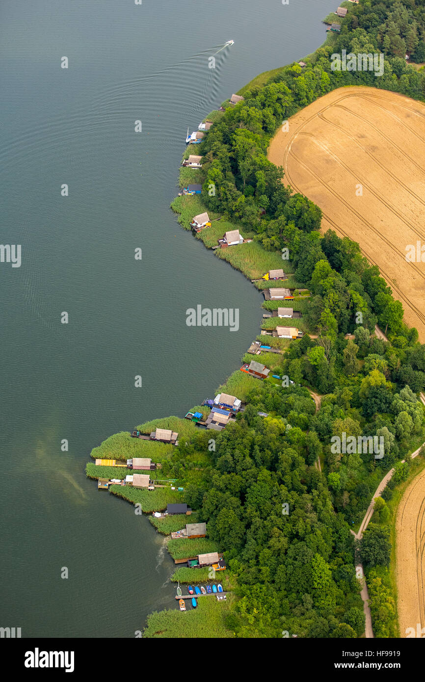 Vista aerea, boathouses sul Lago di Cracovia, Cracovia Regione dei Laghi, Cracovia am See, Meclemburgo Lake District Foto Stock