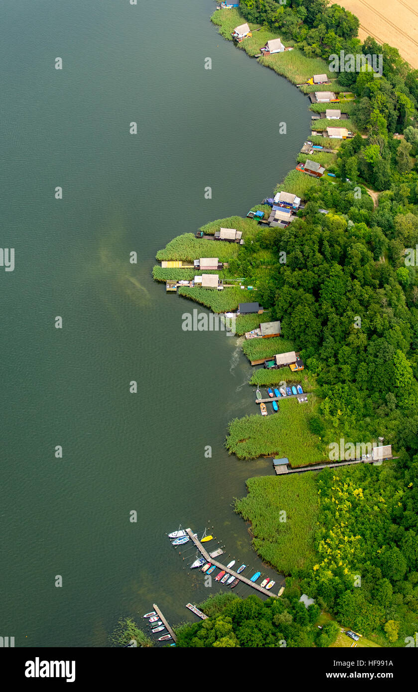 Vista aerea, boathouses sul Lago di Cracovia, Cracovia Regione dei Laghi, Cracovia am See, Meclemburgo Lake District Foto Stock