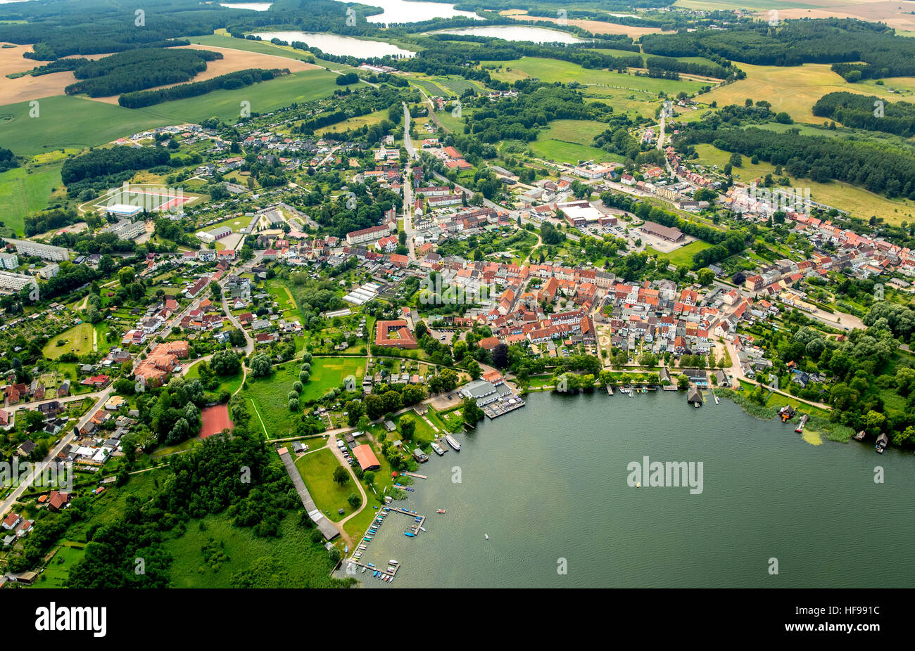 Vista aerea, Lago di Cracovia, Cracovia am See, Meclemburgo Lake District, Meclemburgo-Pomerania Occidentale, Germania Foto Stock