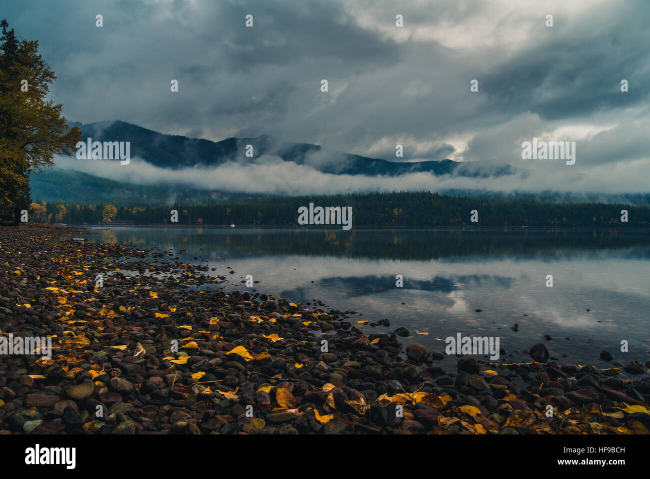 Foglie di autunno sulle rive di un lago riflettente. Foto Stock