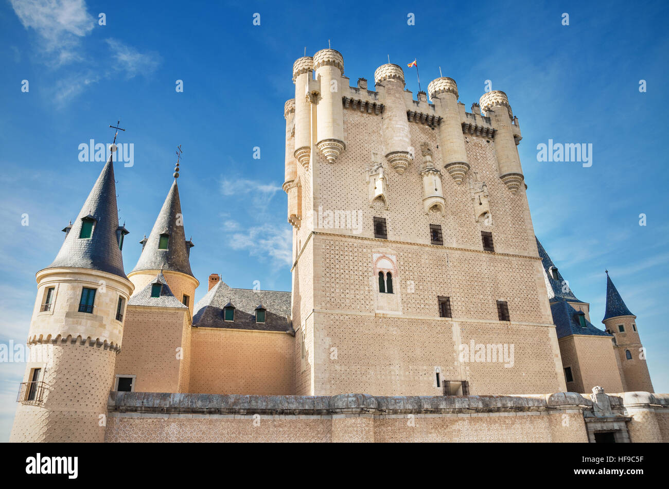 Facciata del castello Alcazar di Segovia, Spagna. Foto Stock