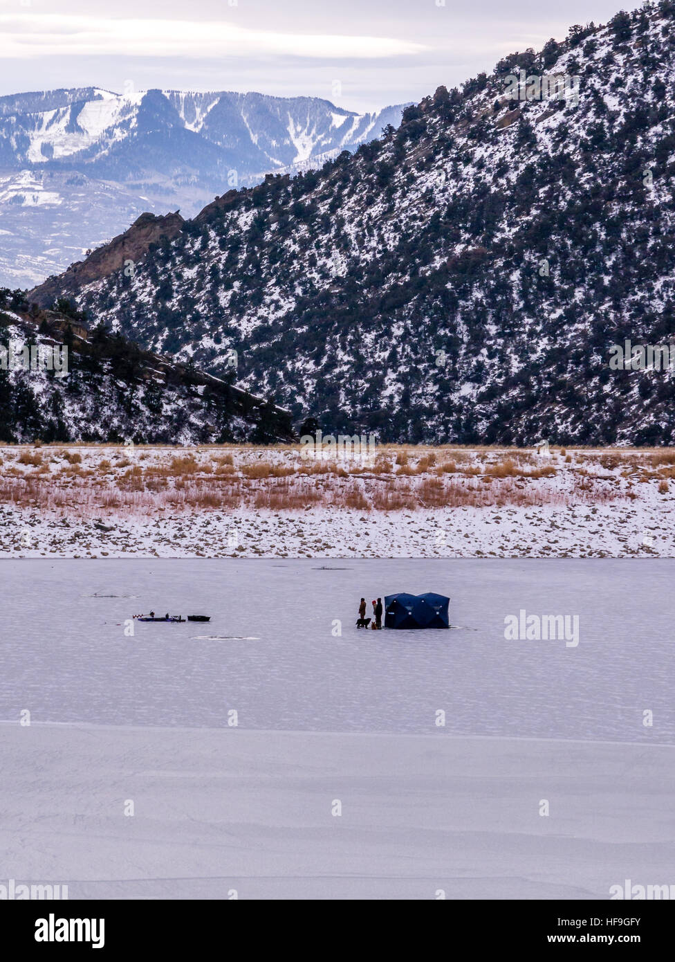 Un gruppo di pescatori di ghiaccio sul lago ghiacciato con il cane, orientamento verticale Foto Stock