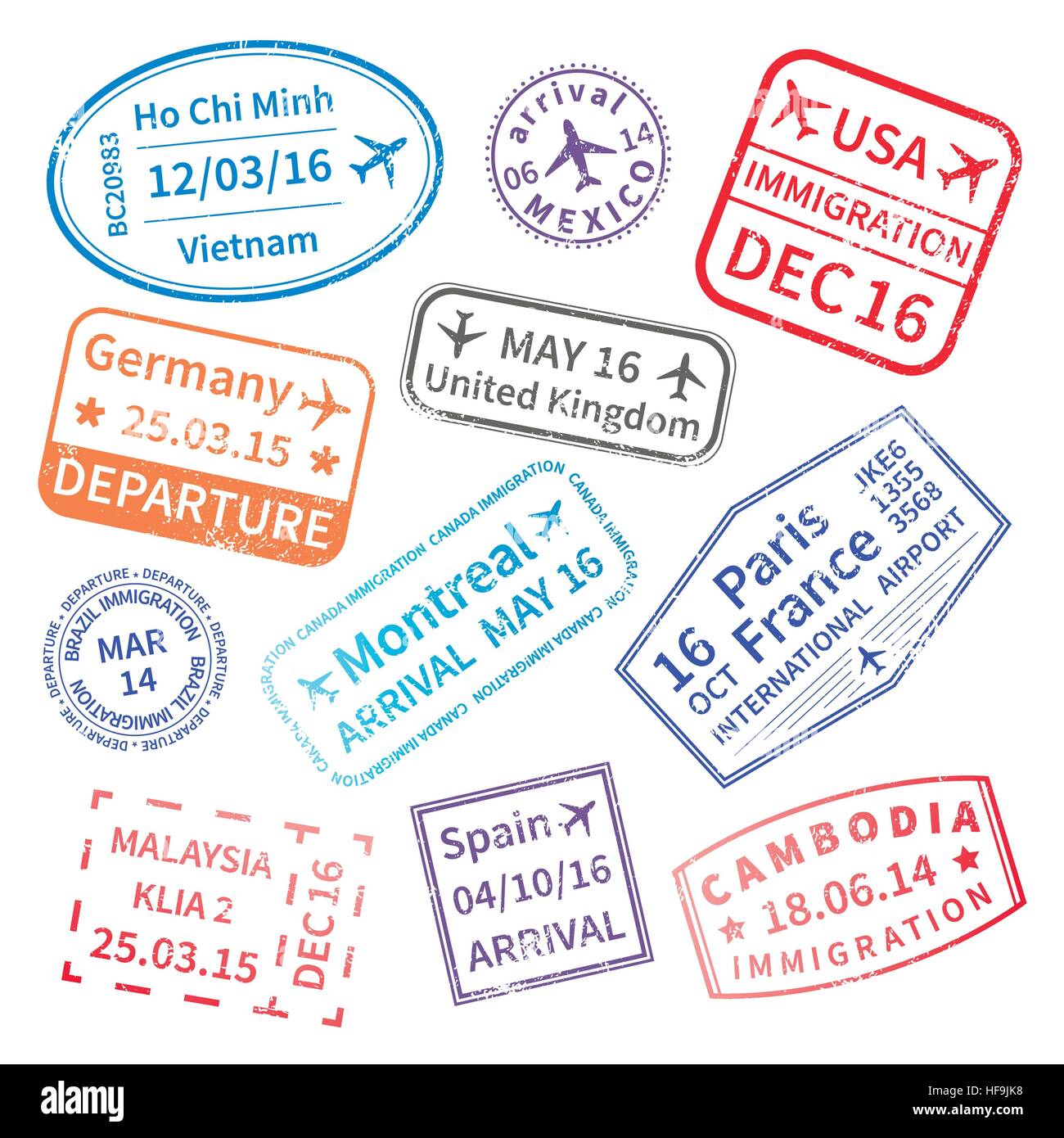 Grandi serie di viaggi internazionali visa francobolli isolati su bianco. Segno arrivi timbri in gomma. Illustrazione Vettoriale