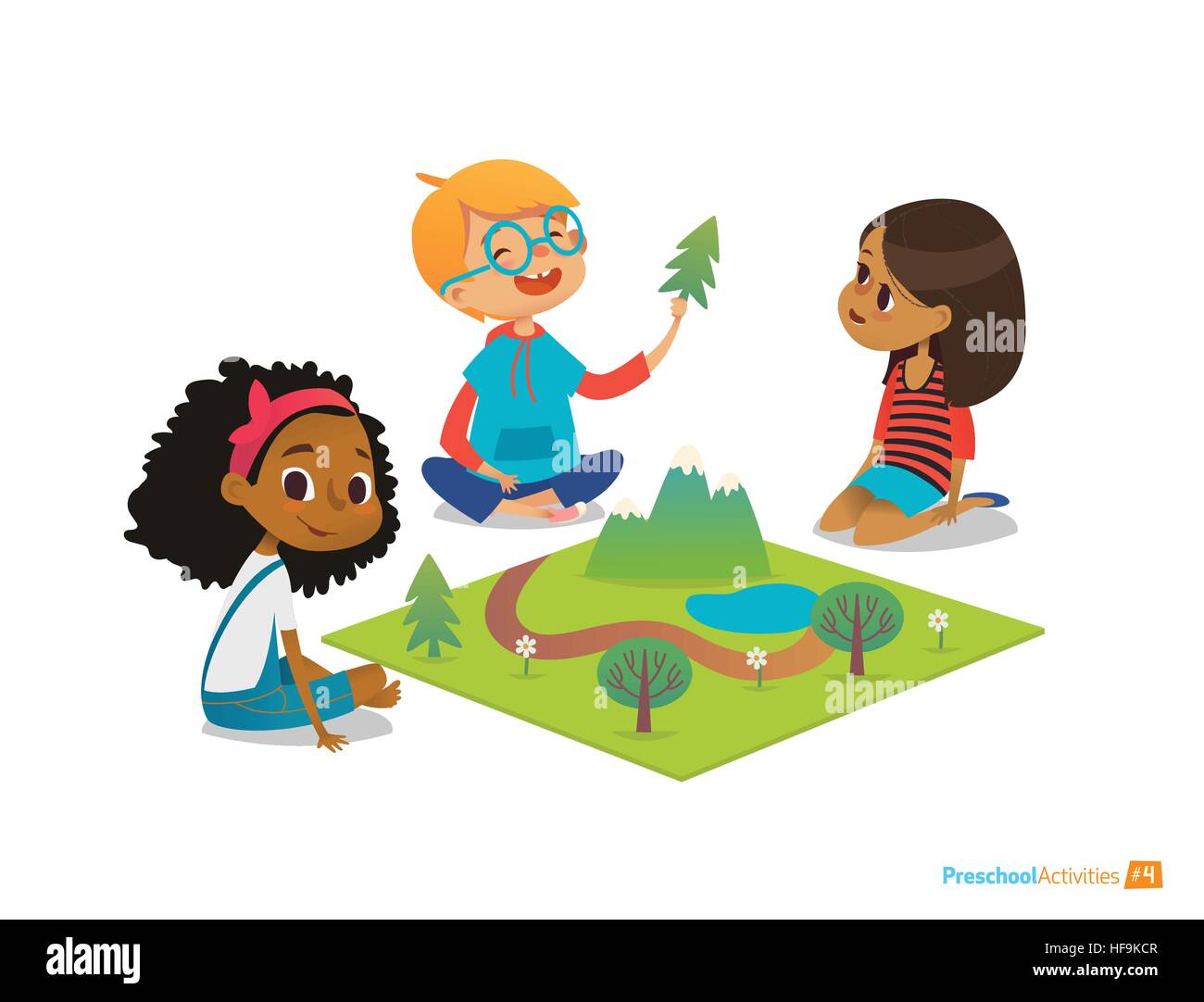 Bambini seduti sul pavimento di esplorare il paesaggio giocattolo, montagne, piante e alberi. Riproduzione di attività educativa nella scuola materna. In età prescolare educazione ambientale concetto. Fumetto illustrazione vettoriale. Illustrazione Vettoriale