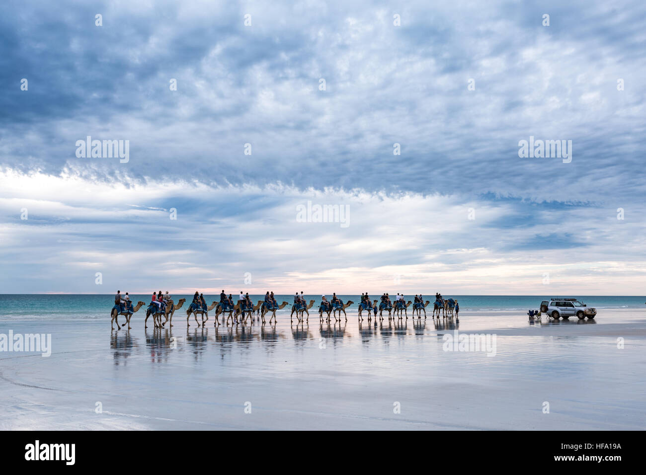 Cable Beach, Australia occidentale. Cammelli sulla spiaggia al tramonto Foto Stock