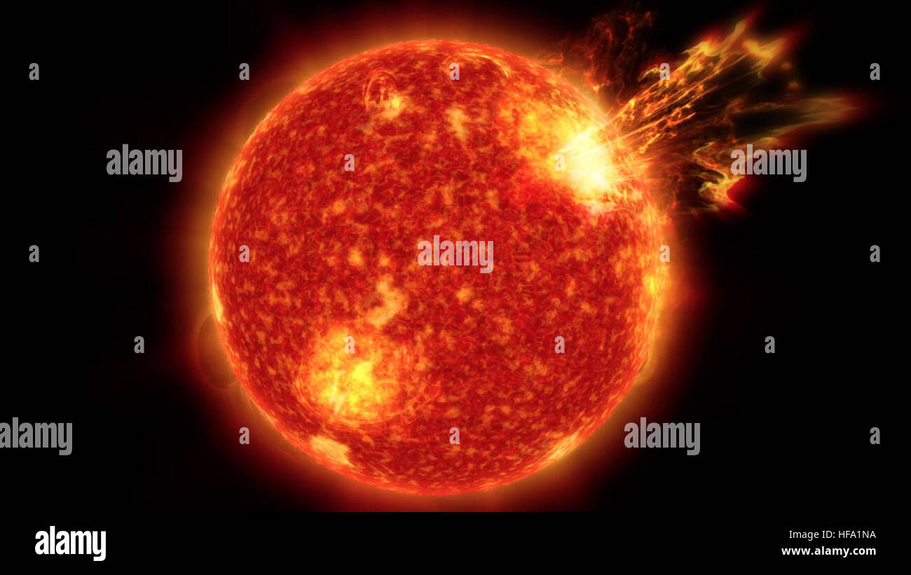 La ricerca della NASA suggerisce che le tempeste solari avrebbero potuto svolgere un ruolo significativo nello sviluppo della vita sulla Terra alterando l'atmosfera del pianeta e consentendo la formazione di elementi chiave per la vita. Foto Stock