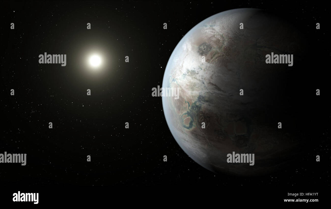 Kepler-452b è un esopianeta scoperto dal Kepler Space Telescope della NASA, situato nella zona abitabile della sua stella, che fornisce un potenziale sito per condizioni simili alla Terra e lo studio dell'abitabilità planetaria. Foto Stock