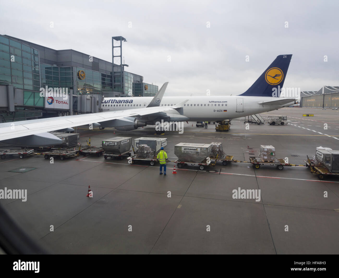 Volo Lufthansa ancorata al terminal internazionale di Francoforte am Main airport su un grigio e bagnato giorni di autunno Foto Stock