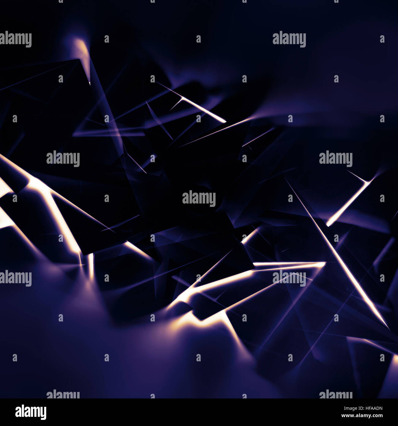 Abstract scuro dello sfondo digitale, caotica struttura poligonale con linee incandescente pattern, 3D render illustrazione Foto Stock