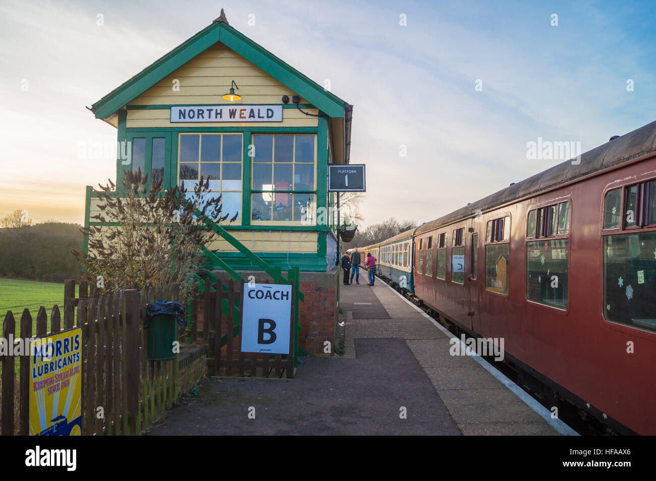 North Weald vintage casella segnale, 1888, Epping Ongar Railway, patrimonio ferrovie a vapore su ex London Underground line, Essex Foto Stock