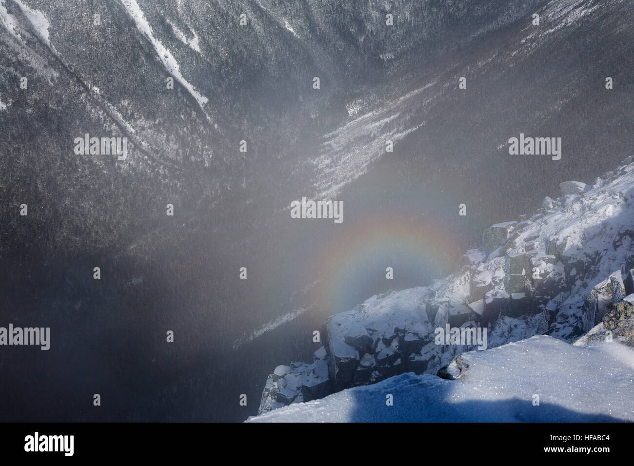 Brocken Spectre in Hellgate burrone dal vertice di Bondcliff nel Pemigewasset deserto del New Hampshire USA durante i mesi invernali. Foto Stock