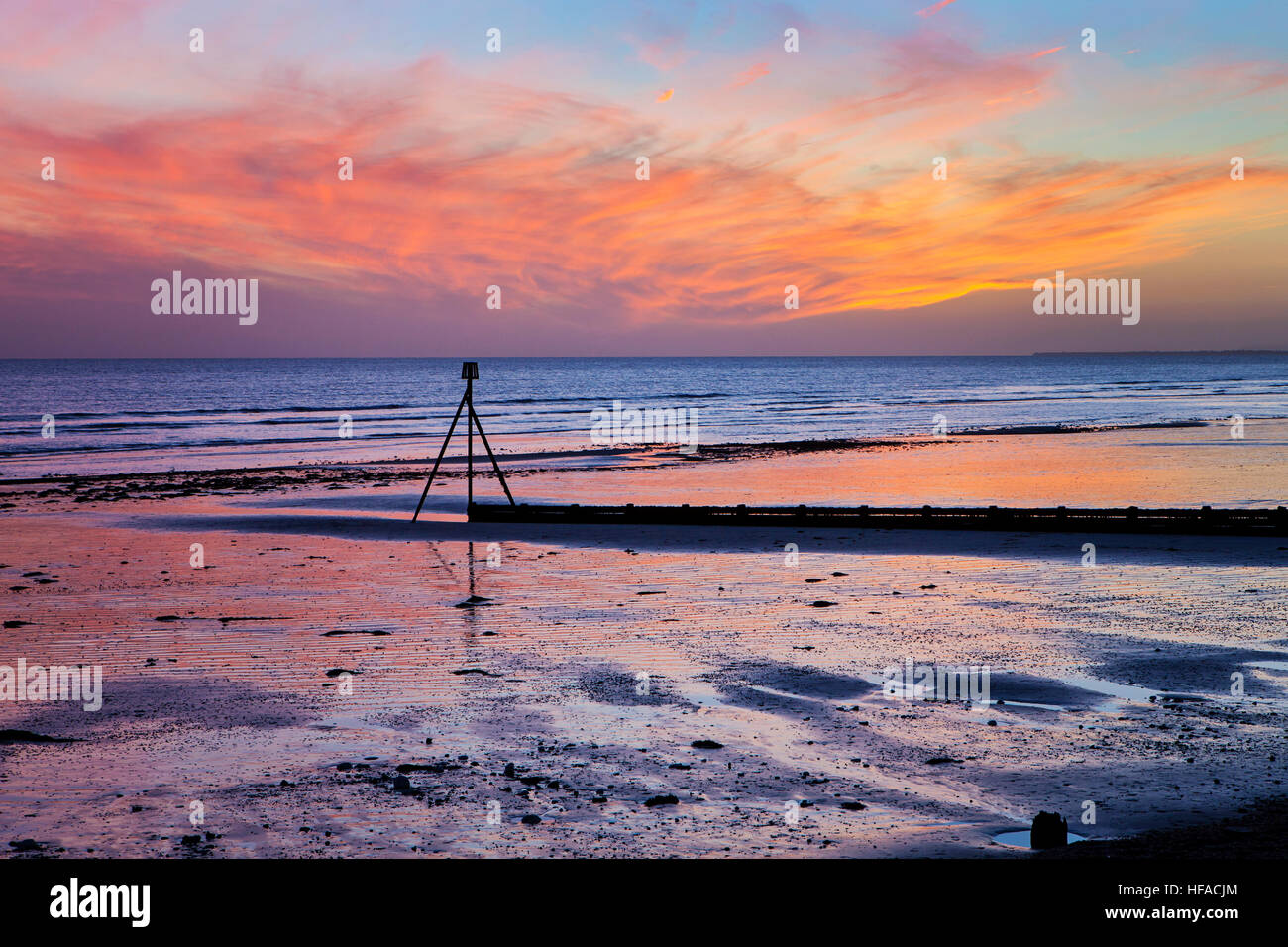 Tramonto sulla spiaggia di Bognor Regis, West Sussex, Regno Unito Foto Stock