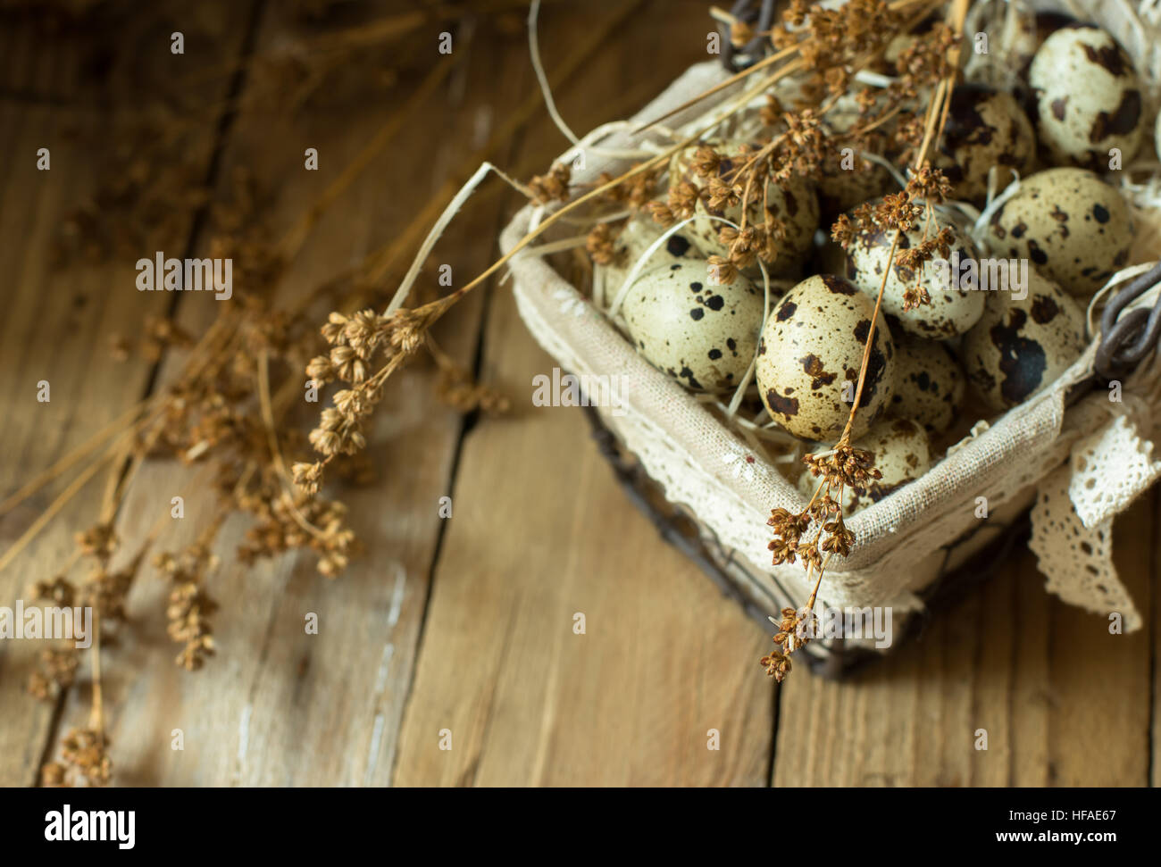 Uova di quaglia in rivestita Cestello in filo metallico, sulla paglia, beige con fiori secchi su fienile Sfondo legno, Pasqua, rustica in stile vintage, kinfolk Foto Stock