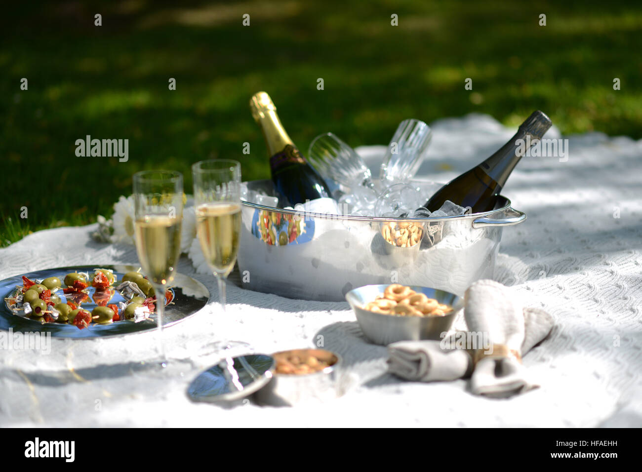 Luxury picnic estivo con champagne e argenteria Foto Stock