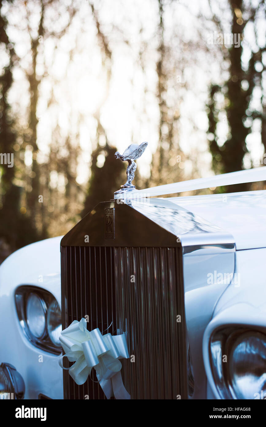 Rolls Royce Silver Cloud spirito di estasi mascotte auto in inverno, close up Foto Stock