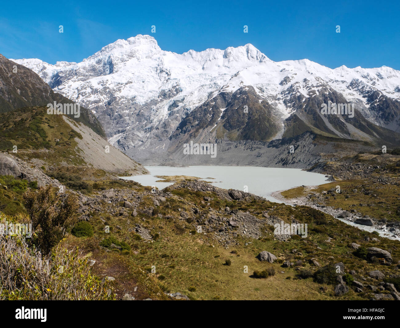 Il lago glaciale in Hooker Valley Foto Stock