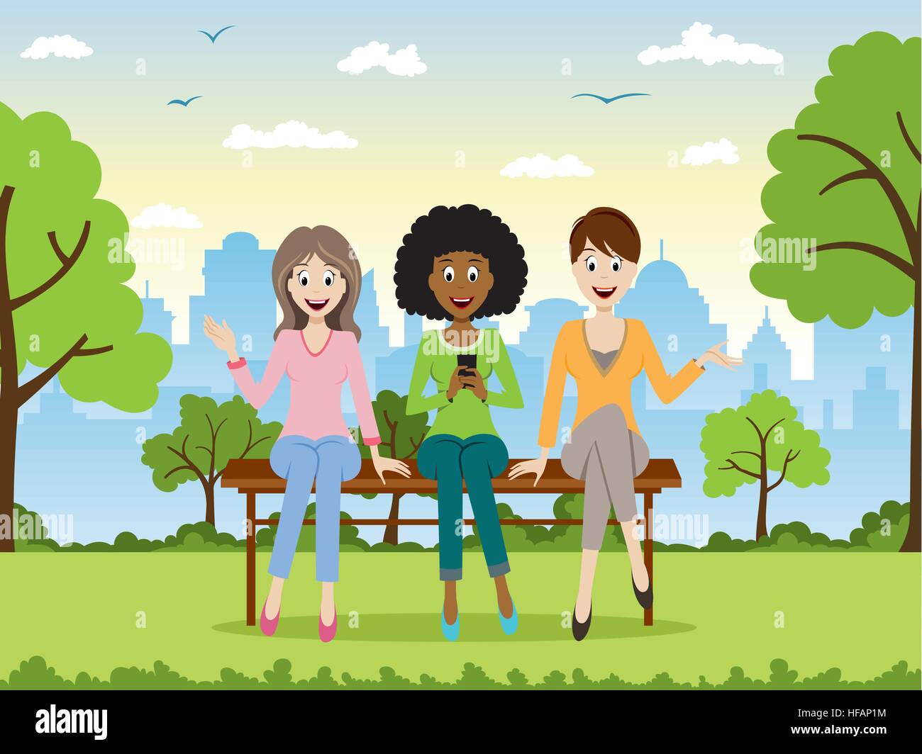 Le tre ragazze seduta su una panchina Illustrazione Vettoriale