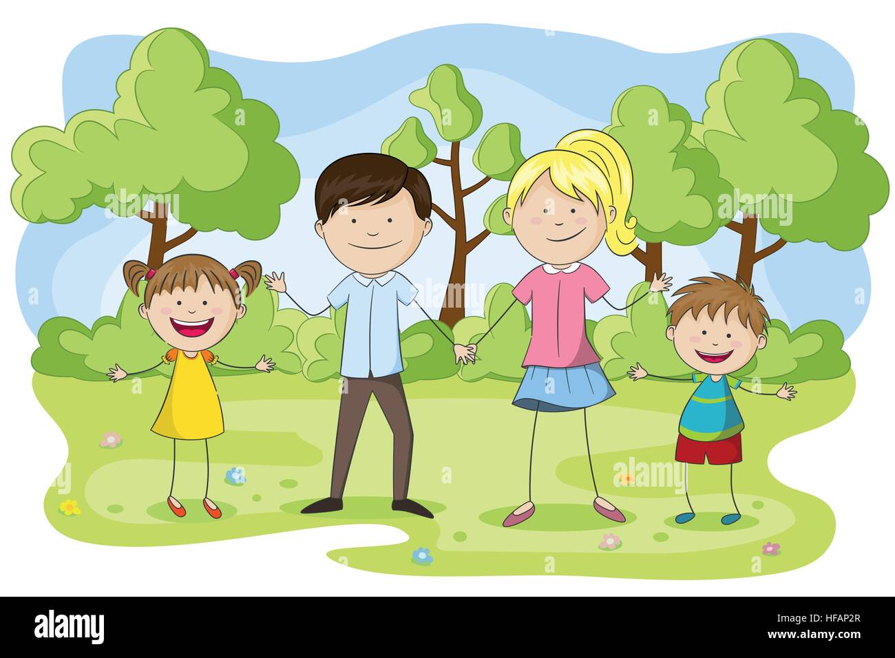 Giovane famiglia con bambini nel parco Illustrazione Vettoriale